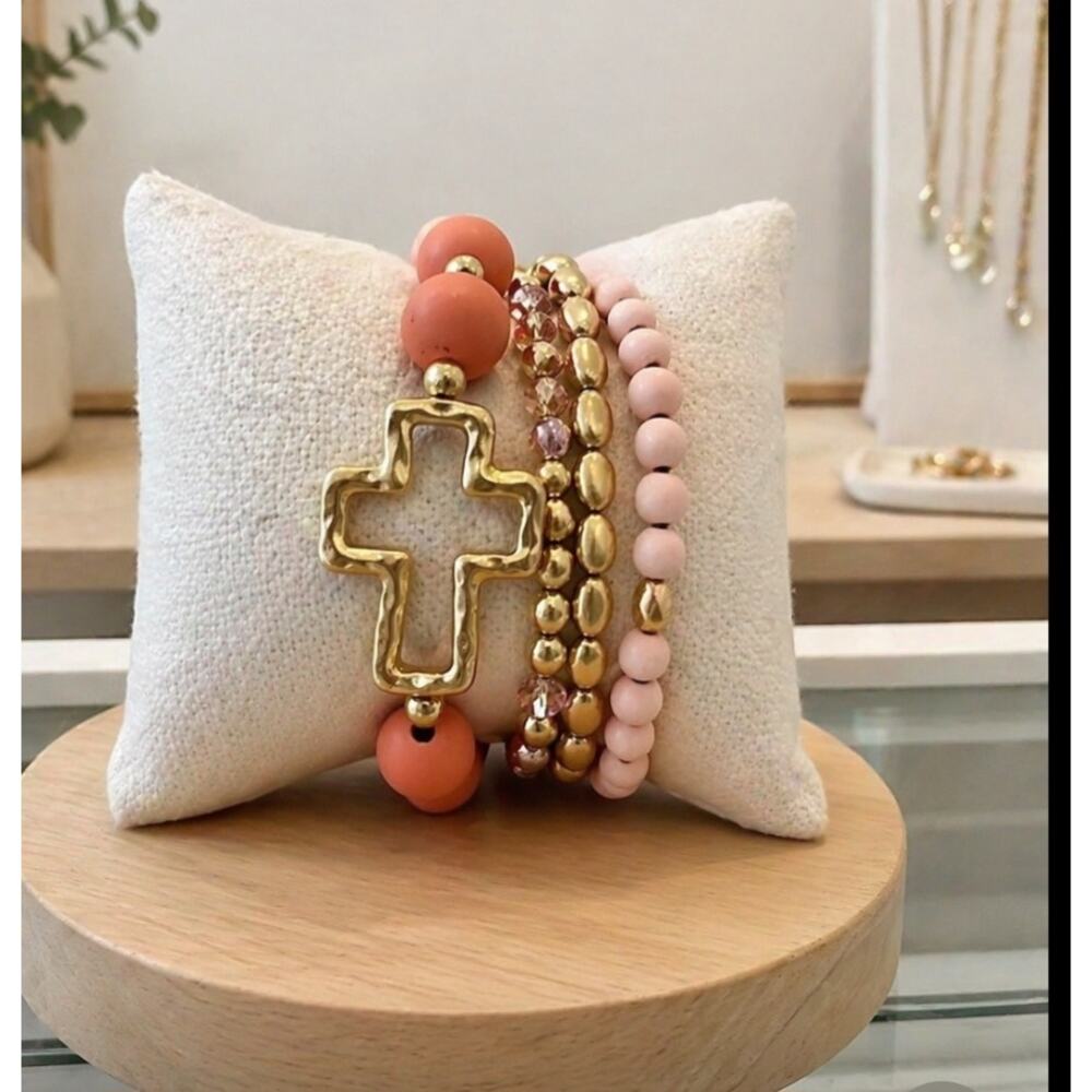 Pomina Gold Pink Cross Bracelet Stack New